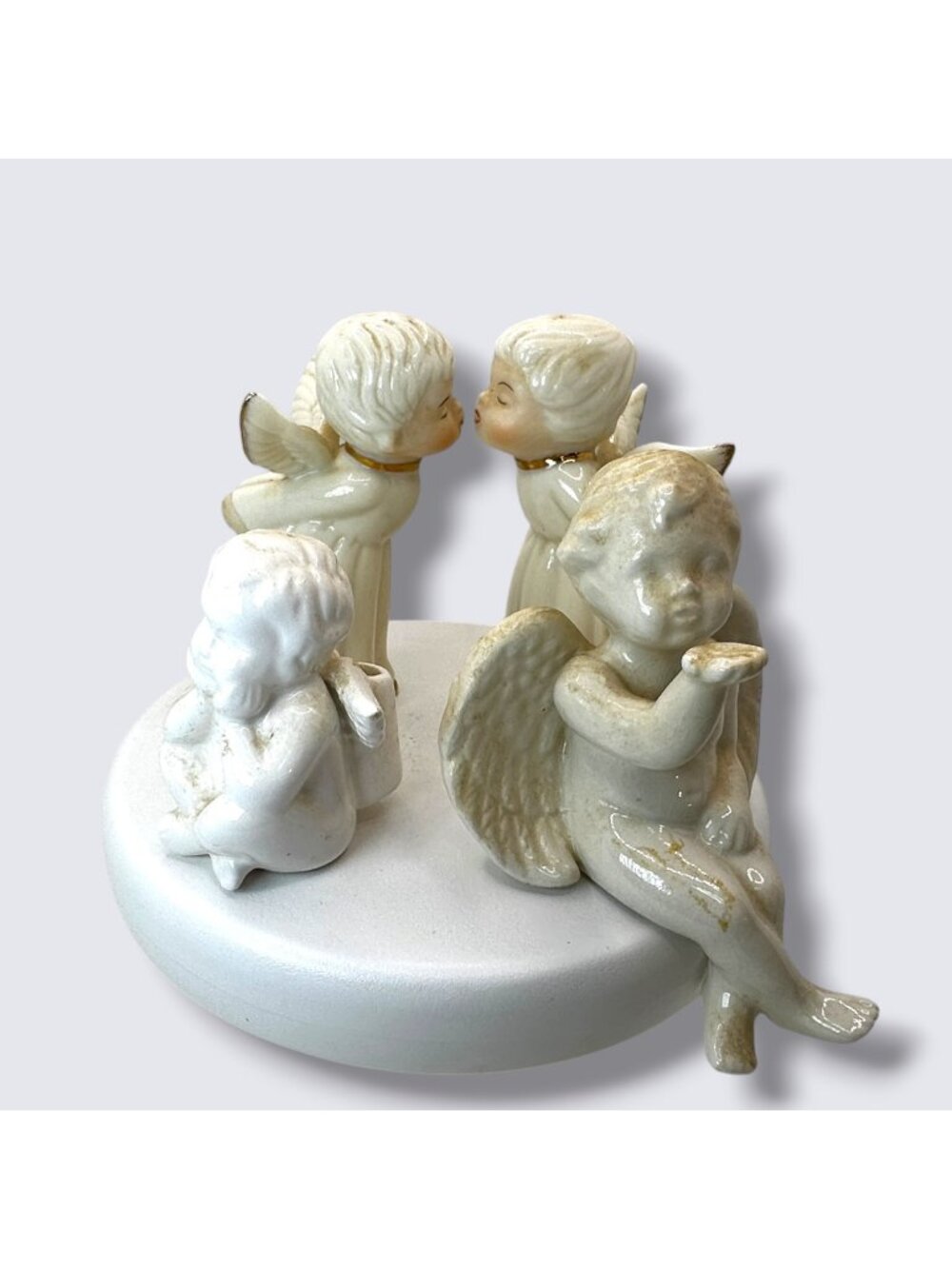 Porcelain Angel Figurines Set Of 4 With Romantic & Playful Poses White & Gold Ac